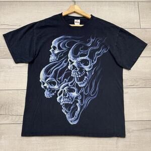 Vintage Y2K Flaming Skulls Grunge Sz L Black Short Sleeve T-Shirt Fruit Of Loom